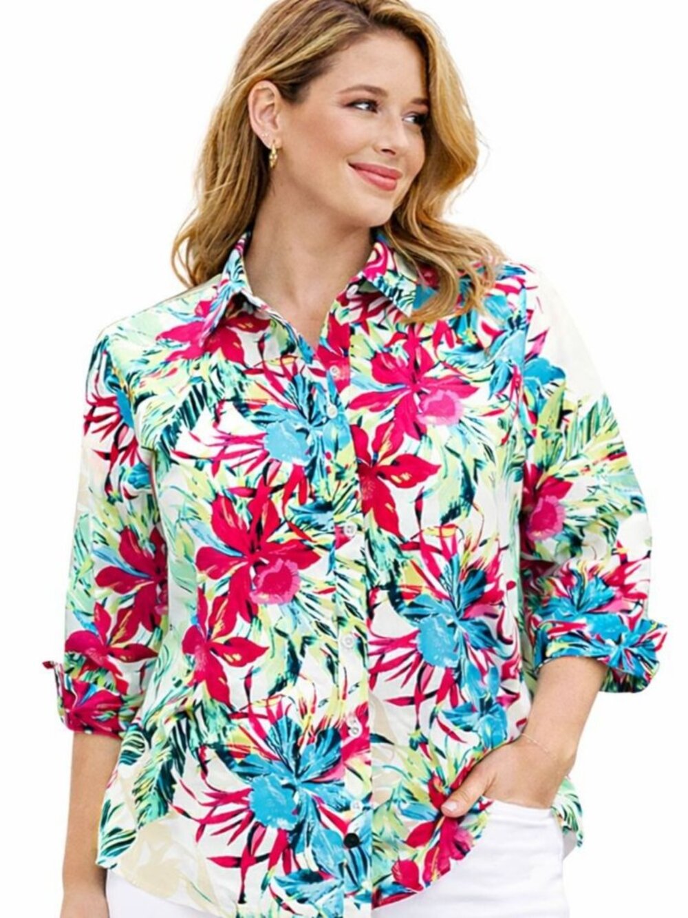 Chicos Women Shirt Tropical Celebration Lorena Floral Wrinkle Resistant Sz 1 | M